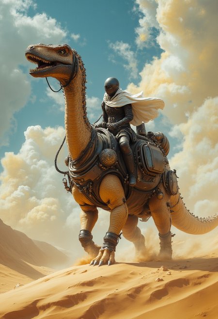 highly detailed cinematic scene, A lone adventurer rides a large, armored sauropod-like dinosaur across a vast desert. The adventurer, clad in dark metallic armor and a flowing white cloak, is fully covered by a visor helmet. The dinosaur is heavily armored with mechanical attachments, including a large spherical device on its back and pipes along its spine. Its pale, textured beige skin highlights its movement. The background features swirling clouds in blue, yellow, and orange above sweeping sand dunes. The rich, warm tones evoke a sense of adventure, post-apocalyptic world