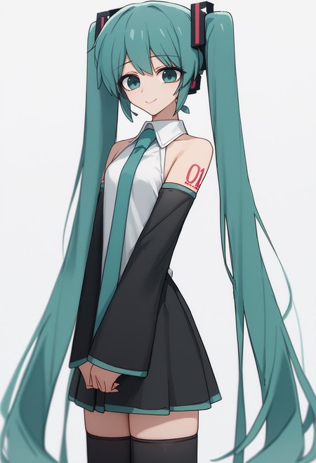 score_7_up, score_6_up, simple background, white background, solo, 1girl, hatsune miku, smile, looking at you, standing, v arms, aqua hair, twintails, aqua eyes, white shirt, aqua necktie, black sleeves, detached sleeves, black skirt, black thighhighs, bare shoulders
<segment:yolo-face_yolov8m.pt,0.4,0.5//cid=1>