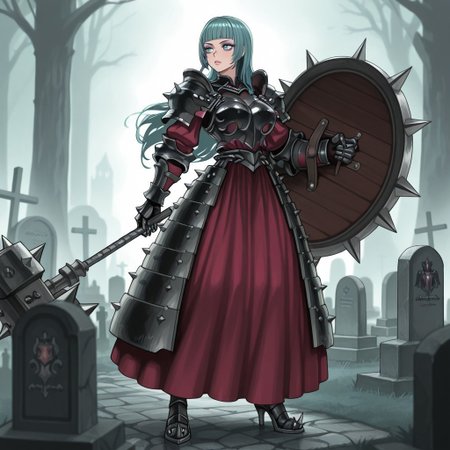 source_vanillaware,

1girl, solo,

AlcinaIL, Alcina Unicorn Overlord, milf,

cyan eyes, aqua hair, long hair, chopped bangs, purple eyeshadow, detailed lips, glossy lips 

dark armor, armored dress, spiky armor, large breasts, wide hips,

black pauldrons, black breastplate, black gauntlets, red dress, black heels,

steel hammer, holding weapon,

sexy, looking away,

spiked shield, shield on arm,

graveyard background,