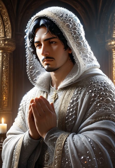 cinematic portrait, a man with hood praying statue made_of_bubbles, statue of torithor(1boy, bara, short hair, black hair, brown eyes, facial hair), intricate carvings covered with flower, dim candlelight flickering across weathered features, hyper-detailed fabric folds, volumetric fog, gothic atmosphere, 8k resolution, unreal engine 5, photorealistic, dramatic chiaroscuro lighting, bubbles, colorful bubbles