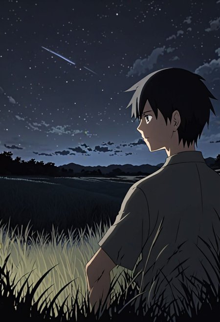 Highres, Masterpiece, High Quality, 4K, 8K, solo, 1Boy, Takaki Toono, adult, black hair, short hair, grassland, no light pollution, bush, nature, calm, peaceful, night breeze, breeze, awe, dim, easynegative, detailed_eye_model