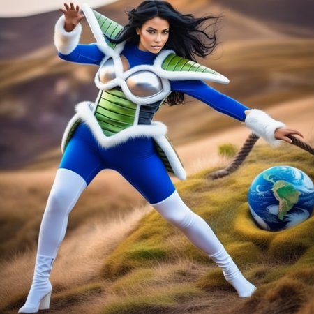 Dreamscape ((full body shot)) , cinematic, ultra realistic, ultra detailed textures, ultra quality, ultra defined image, a girl with black hair, wearing  vegita's saiyan armor in blue and white, she has a fur belt around her waist,  she's in a green and purple alien planet, she's posing in a fighting position  <lora:Saiyan Armor - SDXL1.0:1> saiarmor . Surreal, ethereal, dreamy, mysterious, fantasy, highly detailed