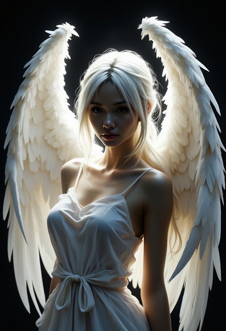 Silhouette Art, magnificent, dark background, portrait of stunning oriental female angel, platinum hair, large white soft-feathered wings, whiter sleeveless dress, light hitting one side of face