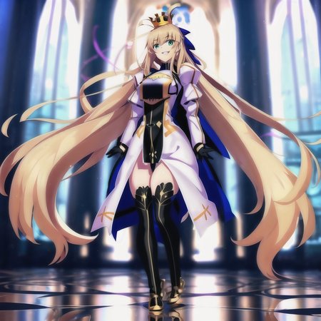 <lora:castoria:1>, 1girl, full body, parted lips, highly detailed, intricate, standing, blurry background, wide shot,  masterpiece, best quality, wallpaper, hdr, high definition, ahoge, blonde_hair, blue_ribbon, breastplate, crown, long_hair, smile, ribbon,  standing, thighhighs, yellow_eyes, solo focus, castoria