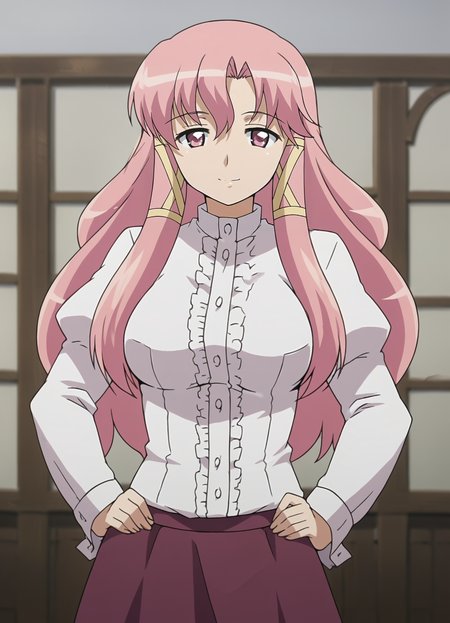 <lora:Cattleya-Zero_no_Tsukaima:0.85>,cattleya,1girl,solo,pink hair,long hair,pink eyes,hair ribbon,breasts,shirt,skirt,cowboy shot,hands on own hips, looking at viewer, smile,indoors,