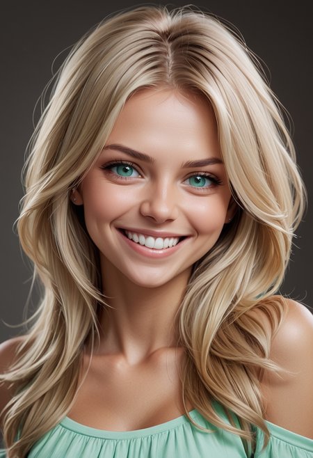 (medium full shot) of adult woman, slim build, long blonde layered cut hair, russian, tan skin, mint green eyes, smiling, detailed face, wearing clothes, ,Masterpiece,best quality, raw photo, realistic, very aesthetic