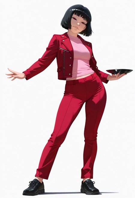anime coloring, lineless, realistic cartoon,
Wanda li, black hair, short hair, red pant, red jacket, pink top, black plate shoes, tilt head, ,()
Solo, pose, looking at viewer, white background, simple background, masterpiece, best quality, amazing quality, intricate ditails, uncensored , attractive exciting, seductive pose,
standing