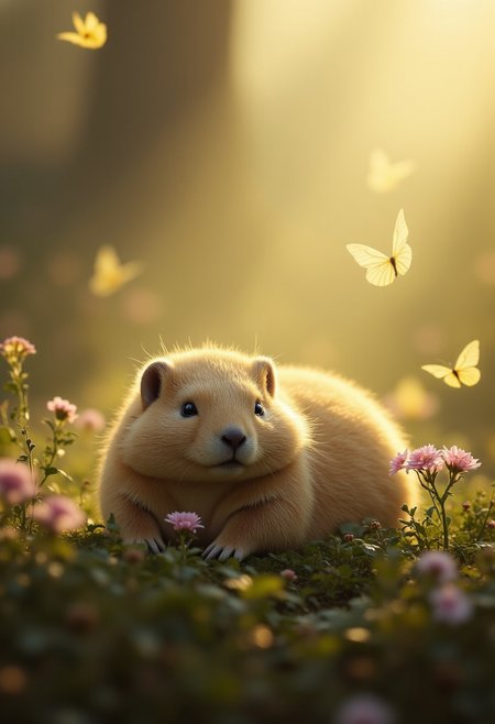 32k,8k,dynamic,(ultra high res:1.4),National Geographic photography, cinematic, depth of field, bokeh, best quality, animal photography,macro wildlife photography, photorealistic,tree stump,  wild flowers everywhere, in fantastic antique forest,  close up photography of A whimsical chubby marmot, soft fluffy dry fur,lying back in grass and moss, exposing tummy to sun's warmth,relaxed, having a nap. Tilted head.  Bees and butterflies flying around, in a sunny summer afternoon.The atmosphere gives an impression of peace and serenity, light and dust particles floating in sunrays, Vibrant Glow, rule of third, gold number proportions
