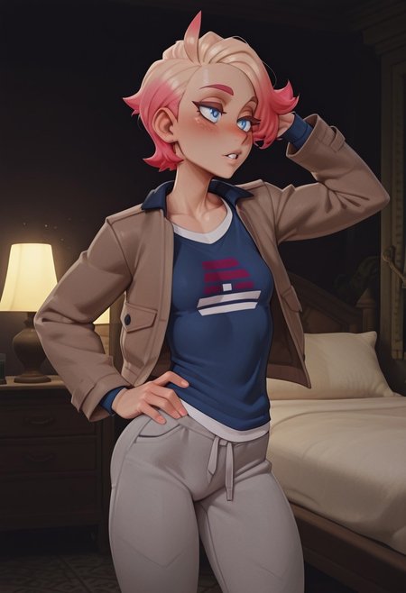 masterpiece, best quality, newest, absurdres, highres, dark lighting, pixelsketcher, solo, 
1girl, tomboy, androgynous, soft feminine body, small breasts, 
urbain, partner, za, trainer, shirt, jacket, pants, blue shirt, , blue eyes, brown jacket, open jacket, open clothes, short hair, pink hair, grey pants, long sleeves, 
long eyelashes, thick eyelashes, 
sexy, seductive, bedroom eyes, blush, parted lips, playful, one hand in hair, one hand on hips, 
bedroom, standing,
