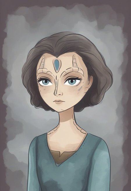 novuschroma57 style flat color cartoon vector of a female c4rd45514nalien, forehead crest, grey skin, ridges, scales, cleavage