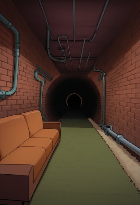 best quality, masterpiece, absurdres, newest, highly detailed, 
<lora:TMNT_1987_-_Cartoon_Screen_Captured_Style:1> 1987tmnt5tyl3,
sewer scenery, interior, brick walls, pipes, couch, carpet, living area, no humans,