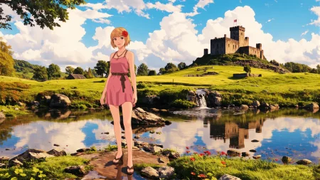 Libyan buzz cut dirty blonde hair (young woman), (druid:1.2), anime, illustration, (extremely detailed), (portrait), (standing:1.2), (happy smile), flower in hair, glossy lipstick, celtic necklace, crawler earrings, loincloth, (sandals),  Millennial Pink (druid short dress), (legs), heels, (sharp focus),  fantasy, (beautiful celtic landscape:0.9), (small rock:0.9), (moss:0.4), (ripples, reflections:0.8), celtic  castle, (small river small pond:0.5), druid forest, (druid village:1.2), (stunning nature environment:0.8), (enchanted land:0.5), clovers, (Red Orange flowers:0.9), leaves,bright (sunny sky), (sunset:0.3), best quality, colorful, wet floor, raytracing, hdr, high contrast, ethereal natural lights, backlight, (lens flare:0.4), shadows, (vibrant colors, colorful):0.6, pretty, beautiful, happy, smiling, feminine, sexy, lovely, in love, adorable, fashion,  <lora:Hand v2:1> <lora:Anti-Blur:1> <lora:RetroAnimeFluxV1:0.4> <lora:Luminous_Shadowscape:0.4>  <lora:SujatmikoArafuru_Flux:0.2> Suzume style