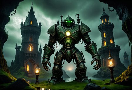 giant bipedal robot dirty white and dark green, bronze paisley robot. lacy robot metal. lava lamp head. outside of a steampunk keep. large detailed torso. dark image. one forty foot tall ancient robot with great arms and two heavy spring legs. dark foggy night background. $dark foggy night image only. dark photo realistic image. steampunk details. cogs, chains and pipes incorporated in the fantasy buildings. magic wizards tower in background. Dark swamp, moss, castle ruins, wizards tower. stormy dark night.  stormy sky.