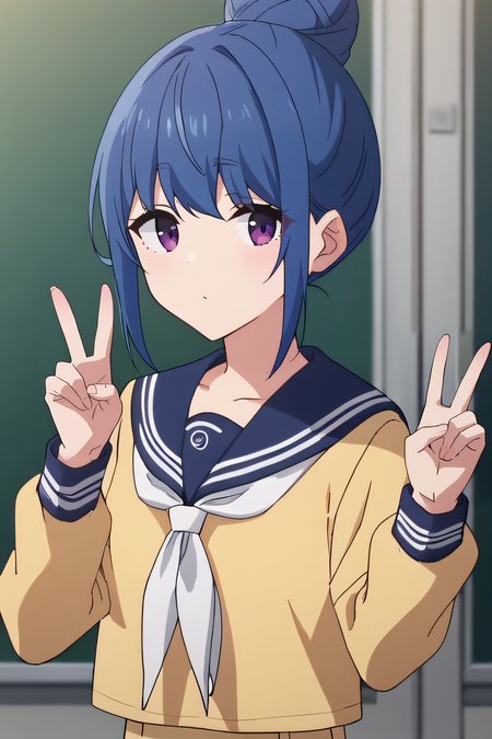 score_9, score_8_up, score_7_up, source_anime, rating_safe, intricate details, anime screencap, official style, 1girl, <lora:Shima_Rin:1>, shimarin, blue hair, purple eyes, hairbun, school uniform, yellow sweater, sailor collar, white neckerchief, looking at viewer, indoor, upper body, peace sign, hands up