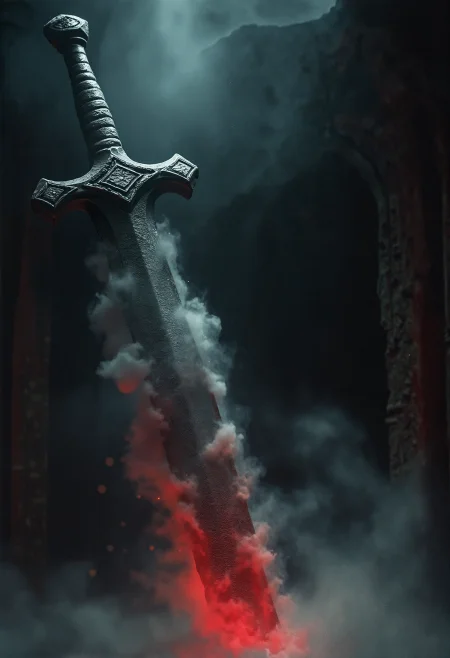 A lovecraftian fantasy image showing a crude greatsword as the focus of attention, depicted at a dramatic angle. The massive claymore appears to be enveloped in an opaque cloud of sand surrounding the blade.  The bladed artifact is displayed in a showcase.  Inside of the vast depths of a dilapidated temple with ornate archways circling the blade. The scene is enshrouded in a thick mist, giving off a faint, foreboding glow, enhancing the eerie ambience.  Unfathomable threat envelops the scene. The image's style is intensely contrasted, featuring a dark background, monochromatic elements as well as ominous silhouettes. The color theme is selective with strong crimson details.