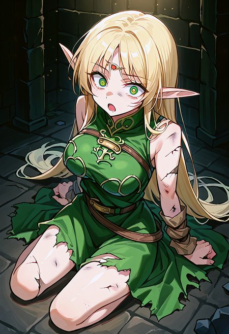 score_9, score_8_up, score_7_up, source_anime,
detailed eyes,
(simple background, black background, low lighting, dark theme, cinematic lighting:0.95),
black floor,
BREAK,
1girl, solo, cowboy shot,
<lora:Degen_Deedlit_v1:0.8>,
deedlit, circlet,
deedlit \(lodoss\), green eyes, large breasts, blonde hair, long hair, blue_eyes,
(elf ears: 0.5), elf, (pointy ears: 0.5),
((broken bow, broken arrows, torn clothes, torn armor)), 
damaged,
kneeling, from above,
((turn pale, fear, despair)),
open mouth,
((surprised)),
<lora:donbiki_XL_v1:1.9>,
donbiki,
green tunic, gold choker, arm_wraps, belt,
  sleeveless green tunic, bare shoulders,
<lora:Medieval_prison_warm_anime:0.8>,
Medieval prison,
dim lighting, fantasy, dark dungeon, night, (dark basement),