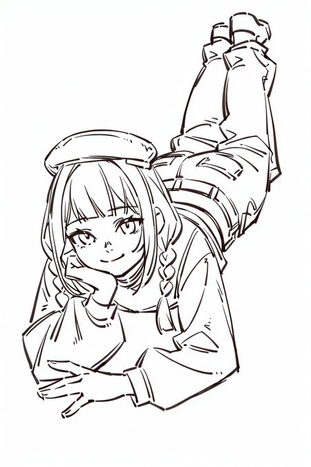 <lora:Sktchst_IL:1> sktchst, 1girl, solo, braid, hat, lying, on stomach, twin braids, monochrome, looking at viewer, beret, pants, virtual youtuber, bangs, smile, sketch