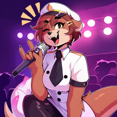 score_9_up, score_8_up, score_7_up, score_6_up, furry female, by remanedur, pearl aurora, female, furry, otter, yellow eyes, tail, dark brown hair, white gloves, ((headgear)), headwear, gesture, winking at viewer, happy, short hair, brown fur, hairclip, white high heeled boots, ((white uniform)), (solo), three-quarter view, head tilt, microphone, holding microphone, singing, stage, on stage, lights, screaming,  <lora:Leah_Pines(AIM)_XL_v1:1>,  <lora:PDXL_artist_tags_v2_big:0.8> <lora:The-Minuscule-Task_PDXL_v1.0:0.8> <lora:Pearl Aurora:0.15>