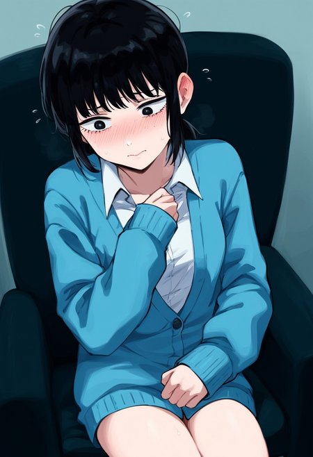 snegovski, mitaka asa, chainsaw man, 1girl,  amputee, armchair, black eyes, black hair, blue cardigan, blush, cardigan, chair, flying sweatdrops, missing limb, nose blush, shirt, sitting, solo, white shirt