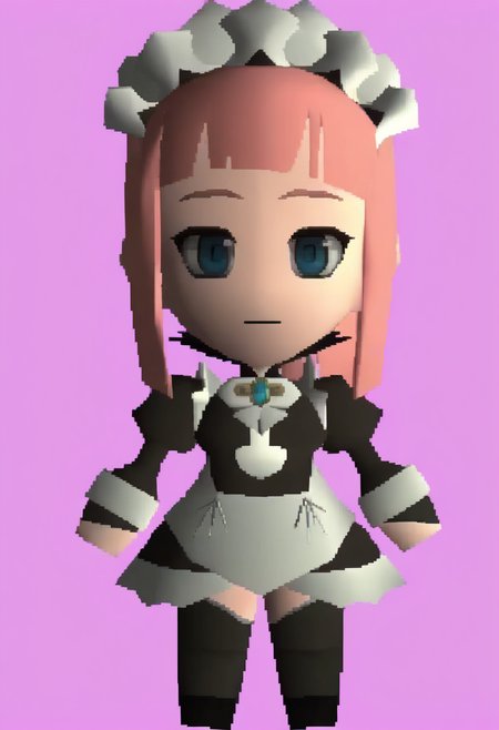 masterpiece, best quality, solo, 1girl, looking at viewer,  <lora:FF7-Chibi-illus_Fp:1>, full body, simple background, 3d, <lora:felicia-fe-richy-v1_ixl:1>, f1cdf, blue eyes, pink hair, long hair, ponytail, sidelocks, blunt bangs, maid headdress, black feathered collar, blue brooch, maid, juliet sleeves, maid apron, bridal gauntlets, black thighhighs, standing, chibi,