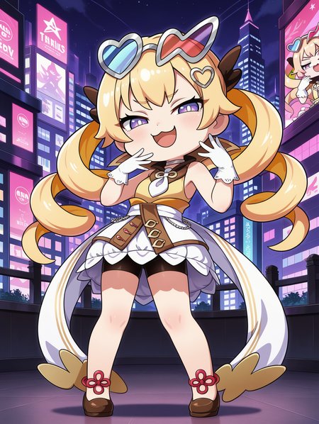 evil twin sunny, 1girl, solo, ojou-sama pose, smug, style parody, open mouth,smile, parody, heart, looking at viewer, full body, :3, standing, white pupils, silver choker, sleeveless dress, white frilled gloves, heart hair ornament, eyewear on head, black hair ribbon, brown shoes, black bike shorts, chibi, red anklet,cityscape,
masterpiece,best quality,amazing quality,very aesthetic,absurdres,newest,<lora:Evil Twin Trouble Sunny illuXL v1.1:0.72>,