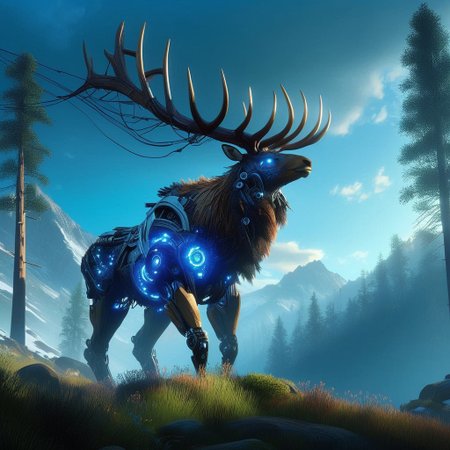 (Ultra Realistic:1.0),32k,(Masterpiece:1.0),(High Detailed Skin:1.0),( High Quality:1.0), (Detailed Realistic Background:1.3), (Official Art, Beautiful and Aesthetic:1.2), (Realistic Lighting:1.0), glowing, day, science fiction, nature, grass, deer, scenery, mountain, non-humanoid robot, forest, "An imposing, machine-like elk standing majestically on mountain edge looking at sky, its intricate mechanical parts inspired by the Horizon Zero Dawn style. The elk’s body is a blend of organic and metallic elements, with glowing blue lights coursing through its frame, reflecting the technological sophistication of a bygone era. Its angle are vast and sharp, made of gleaming steel, resembling a regal crown.
The scene is set in a deep of field, epic cinematic lighting, view from below dramatic sky with beams of cinematic light piercing through the canopy, casting dramatic shadows across the elk’s form. The atmosphere is epic and tense, as the elk stands still, as if inspecting its surroundings with quiet intelligence. The mood is both mysterious and foreboding, emphasizing the contrast between nature and technology, framed in high resolution and intense detail, evoking the visual grandeur and storytelling depth of Horizon Zero Dawn."
