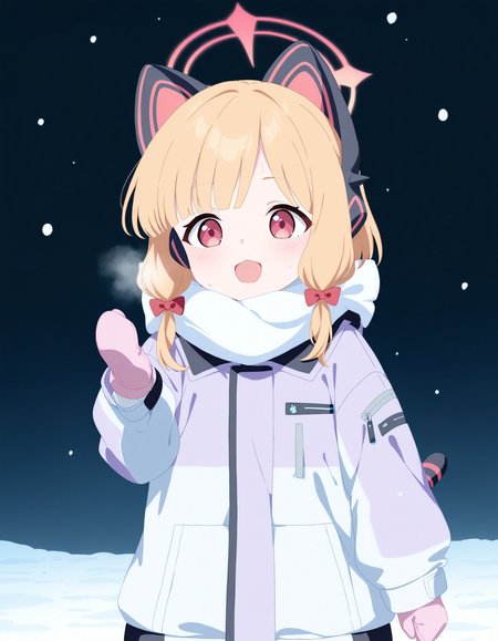 1girl, momoi \(winter\) \(blue archive\), momoi \(blue archive\), blue archive, best quality, anime coloring,
BREAK
winter clothes, white scarf, hooded coat, purple coat, pink mittens, tail, black background, winter, snow
 <lora:[ILNAI-vpred10]ba-momoi-midori-winter-v1:1>