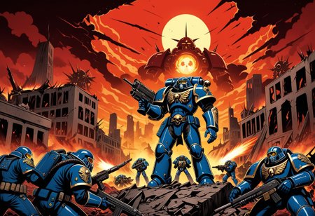 An intricately detailed 4K screencap from a high-budget modern anime production, with clean professional linework and vibrant colors. It depicts a man firing a bolter gun from a foxhole on a blasted hellscape, dilapidated ruined city, red skies, wearing a suit of sleek, shiny, gold and blue advanced power armor. warhammer40k, space marine, grimdark, symmetrucal goggles, symmetrical viser, symmetrical helmet, symmetrical armor, forces of chaos, khorn
