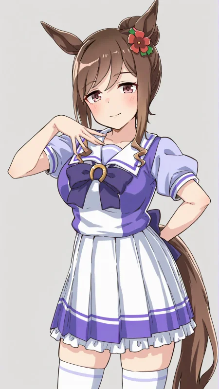 <lora:mei_umamusume:0.8>,mei \(umamusume\),large breasts,animal ears,brown eyes,brown hair,flower,hair flower,hair ornament,horse ears,horse girl,horse tail,long hair,sidelocks,tracen school uniform,summer uniform,serafuku,puffy short sleeves,purple bowtie,horseshoe ornament,sailor collar,sailor shirt,purple shirt,white skirt,pleated skirt,frilled skirt,miniskirt,zettai ryouiki,white thighhighs,brown footwear,loafers,simple background,pose,(cowboy shot:1.4),light smile,