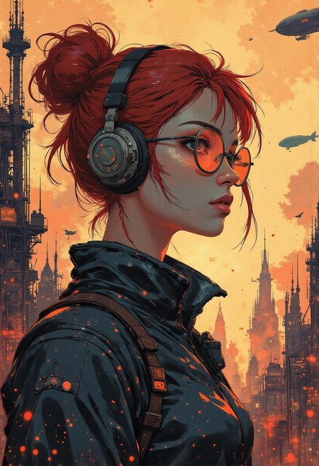 (A highly detailed) vibrant portrait. aviator girl in steampunk style, red hair fluttering in the wind. leather jacket and big glasses with orange glasses, vintage headphones on her head. The background is an industrial steampunk city with factory pipes, vintage antennas and airships. The colors are warm and rich, the style is semi-realistic with soft strokes
