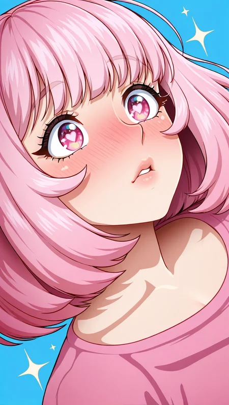 1girl, bangs, blue background, blush,dutch angle, face, heart-shaped pupils, nose blush, parted lips, pink eyes, simple background, solo, sparkle, sparkling eyes, star-shaped pupils, star \(symbol\), symbol-shaped pupils,upper body, <lora:Nyxborne:1>