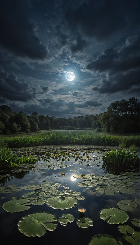 breathtaking <lora:WowifierXL-V2:0.4> mooncryptowow  overwhelming beauty of nature ,spectacular view ,  ( digital photography ,photo digital art  :0.5).  dark pond with lily pads   [nature imagination]  in summer  in the morning <lora:zavy-cntrst-sdxl:0.8> low-key  , <lora:Realistic_SkyClouds_v2:0.4>   stratus clouds  ,   weather,  natural lighting  , specular highlights, <lora:- SDXL - letitflrsh_let_it_flourish_V1.0:0.7> letitflrsh  , detailed,  featured on flickr ,deviantart contest winner ,atmospheric dreamscape photo  , 
( style of Jonas De Ro ,style of Guy Tal  :1.3)    <lora:WildcardX-XL-Detail-Enhancer:1.2> . award-winning, professional, highly detailed