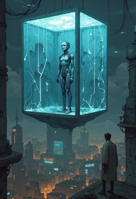 A hauntingly beautiful androgynous cyborg floats in a Borg-like cube, their body suspended by streams of light flowing from the walls. Their metallic form glows faintly as blue energy pulses through their circuitry, and their expression shifts between serenity and despair. The city below is a labyrinth of decaying industrial structures, alive with blinking neon and chaotic movement, while drones patrol the sky. The cube’s smooth, futuristic design juxtaposes the gritty urban sprawl below, creating a stark contrast between the prisoner’s isolation and the dystopian chaos outside.