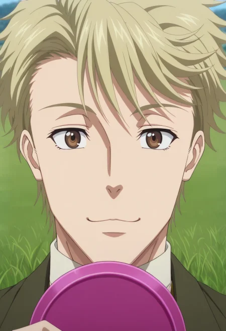 masterpiece, best quality, intricate details, anime screencap, , , looking at viewer, 1boy, solo, male focus, <lora:john_h_watson_ilxl:1>, john_h_watson, blonde hair, brown eyes, short hair, , close-up, grass, noon, holding object, :\3,