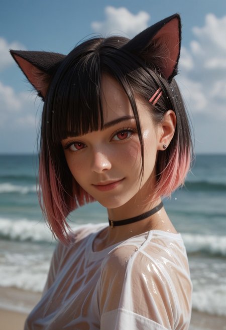 score_9_up, score_8_up, score_7_up, score_6_up, 1girl, 25 years old, perfect face, (adult), sexy, 
detailed face, portrait, face focus, depth of field, looking at viewer, blush, shy smile, close up, 
red eyes,
short hair, bob cut, straight hair, blunt bangs, blunt ends, multicolored hair, two-tone hair, black hair, pink hair, colored inner hair, hair behind ear, hair ornament, hairclip, stud earrings, 
animal ears, cat ears, colored inner animal ears, 
black choker,
wet clothes, see-through clothes, see-through shirt, white shirt, wet shirt, 
ocean, outdoors, beach,