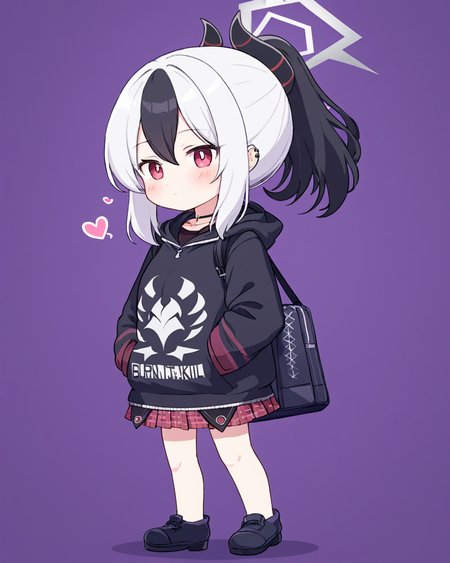 kayoko \(blue archive\),1girl, black_hoodie, solo, ponytail, horns, red_skirt, halo, chibi, hand_in_pocket, hood_down, low_wings, single_wing, long_sleeves, blush, black_footwear, heart, closed_mouth, full_body, choker, bag, purple_background, pleated_skirt, plant, holding, plaid_skirt, earclip, outstretched_arm, ear_piercing
<lora:kayoko_(blue_archive)_image350_batch3_v1-000045:1>,halo,. gorgeous,key visual, vibrant, studio anime,award-winning, professional, highly detailed,high budget, cinemascope