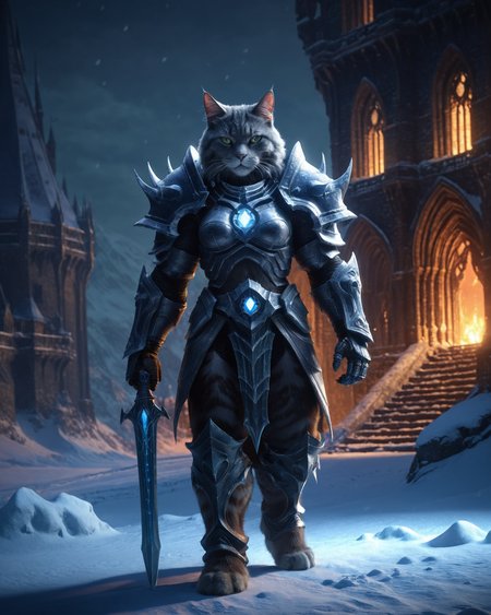 cinewow death knight cat,((masterpiece)),(best quality),awardwinning,trending on artstation <lora:cinewow:0.8>,winter,castle in the background,cinematic,glowing effects