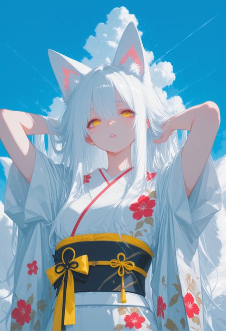 masterpiece,best quality,newest,absurdres,highres,very awa,detail background,,1girl, fox tail, sky, white hair, long hair, animal ears, masterpiece, yellow eyes, kitsune, parted lips, looking at viewer, kimono, floral print, outdoors, arms behind head, adjusting hair, cloud, volumetric lighting, blue sky, portrait, upper body,,xxx667_illu,wasabi_natsume_illu,abstract,surreal,traditional media,aosiai123_illu <lora:illustriousXLv11_stabilizer_v1.113:0.30000000000000004> <lora:ppw_v7_Illuv1.0:0.5000000000000001> <lora:ååXXX667:0.5000000000000001> <lora:æålpc_v10:0.4000000000000001> <lora:æ®è²wasabi_natsume_style_r1:0.30000000000000004> <lora:æ¥å¼å¤å¤aosiai123_style:0.20000000000000004> <lora:None:1.0>