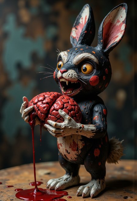 A high-quality, body shot close-up photograph of a ck-owct style hand-painted wooden Christmas toy featuring a skinny one-arm cute little black zombie rabbit with a ripped ear, long teeth and eating a human brain flowing with blood.