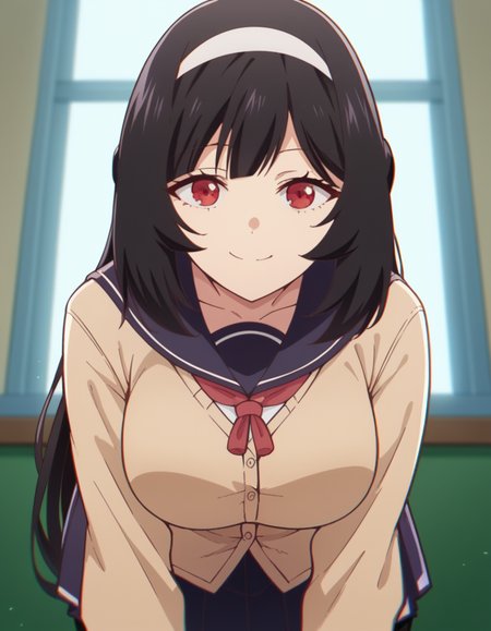 score_9, score_8_up, score_7_up, source_anime, <lora:karen-inukai-s1-ponyxl-lora-nochekaiser:1>, karen inukai, long hair, black hair, red eyes, large breasts,, skirt, school uniform, pleated skirt, hairband, black pantyhose, cardigan, white hairband,, indoors, bent over, smile, looking at viewer, solo,, cowboy shot, dutch angle