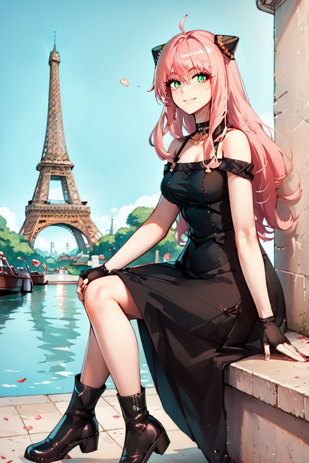 score_9, score_8_up, score_8, medium breasts, (curvy), cute, eyelashes, solo,      ,,,  zzAnya, green eyes, hair between eyes, ahoge, pink hair, long hair, hair ornament, hairpods,  gold hairband,hair flower, black choker, black dress,sleeveless,off shoulder, floral print, fingerless gloves, black footwear,thigh holding dagger,  ,<lora:AdultAnyaPDXL:1.0>,  ,,,BREAK, zzEiffelTower in background, sitting, watercraft, boat, sitting on wall, side view, looking at viewer, smile, ,,, BREAK, blooming stars, luminescent petals, otherworldly fragrance blurry background, ,,, embedding:zPDXL, Expressiveh, ,,, <lora:EiffelTowerPDXL:0.8>, <lora:CatalystStylePDXL:0.6>, <lora:SDXLFaeTastic2400:0.5>, <lora:Expressive_H-000001:0.4>,