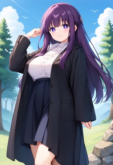 score_9, score_8_up, score_7_up, score_6_up, score_5_up, score_4_up, epic-Ultra-HD-details, epic-Ultra-HD-highlights, 2.5D-upscaled-resolution, source_anime, digital-quality, semi-realism, physically-realistic, lit, cutesie,
afrobullstyle, 
BREAK source_anime, anime, best quality, masterpiece, rating_safe, uncensored, High quality, 8k, Ultra, 
BREAK (outdoors,Forest, trees, rocks, mountains, blue sky, sun, cumulonimbus clouds),
BREAK  1girl, Fern_(Sousou_no_Frieren),purple_eyes, purple_pupils, purple_hair, long_hair, large_breasts, white_dress, black_robe, frills,
black school uniform,school uniform,
BREAK ((cowboy shot)),(standing),(from front),(((from front))),
busty breasts,（large breasts:1.2), ,(thick thighs,:1,2),
looking at viewer,smile,blush,((erect nipples)),