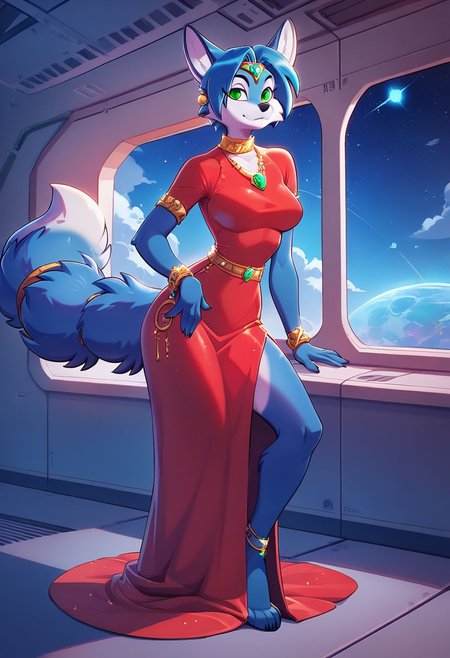 score_9, score_8_up, score_8, 1girl, smooth, blue fur, jewelry, blue hair, green eyes, anthro fox,  highly detailed,  perfect, high quality, high definition, spaceship, crew deck, tight red dress, long dress, thigh gap, posing