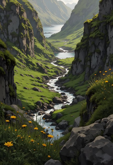 A breathtaking natural landscape featuring a serene and lush valley. The scene is dominated by towering cliffs on either side, their rocky surfaces covered in vibrant green moss, creating a rich, verdant backdrop. A winding river flows through the center of the valley, its clear waters reflecting the surrounding environment as it meanders between the steep walls. The cliffs are rugged and imposing, with patches of exposed rock adding texture to the otherwise green expanse.
In the foreground, delicate yellow wildflowers dot the grassy slopes, adding pops of color that contrast beautifully with the deep greens of the vegetation. The river appears calm and tranquil, its path curving gracefully through the narrow gorge. In the distance, the valley opens up to reveal a larger body of water, possibly a lake or fjord, nestled among more distant hills and cliffs. The overall atmosphere is one of peaceful solitude, showcasing the raw beauty of nature in a remote and untouched setting. 
j_art, anime, anime art, <lora:FLUX\jul\J_Anime:0.7>, <lora:FLUX\RealAnime:0.7>