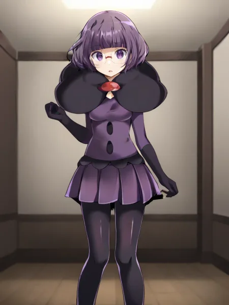 <lora:BWshauntaltsukishiro:0.7>
1girl, solo, shaunshikimital, purple hair, short hair, bob cut, blunt bangs, purple eyes, glasses, capelet, purple shirt, elbow gloves, purple skirt, pantyhose, indoors, room, standing, parted lips,