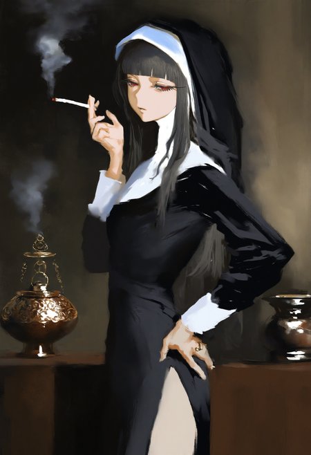 painterly, artist:[caravaggio|adam de coster|yoneyama mai|cursedweeboo|daodtt|diao \(nrays\)|ravine bells],
1girl, pinocchiop, solo, side slit, long hair, nun, black dress, long sleeves, incense burner, veil, habit, cowboy shot, blunt bangs, standing, smoke, piercing, half-closed eyes, long eyelashes, looking at viewer, red eyes, dark, penumbra, from side, holding cigarette, hand on hip,
newest, impasto, brushstroke, impressionism, oil painting \(medium\), newest, absurdres, masterpiece, very aesthetic