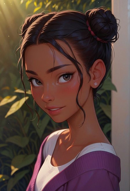 score_9_up, score_8_up, score_7_up, score_6_up, 1girl, 25 years old, perfect face,  petite, adult, 
detailed face, portrait, face focus, depth of field, looking at viewer, blush, shy smile, close up, 
dark eyes, black hair, African, dark skin, hair bun, double bun, messy hair,
white shirt, purple cardigan, off shoulder, 
sunlight, warm lighting,