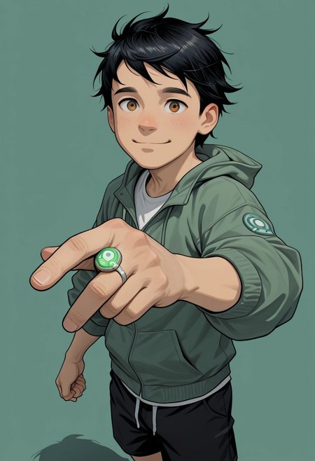 masterpiece, absurdres, high quality, perfect anatomy, 1boy, solo, cute boy, male focus, TaiPham, Black Hair, Green Lantern Ring, brown eyes, green jacket, hood, black shorts, big smile, cinematic, intricately detailed illustration, depth of field, masterpiece, best quality, amazing quality, very aesthetic, absurdres, newest, very awa,  shadow, dynamic angle, casual cosplay, dynamic pose, simple background, green theme, beitemian style