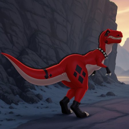masterpiece, best quality, amazing quality, Tyrannosauruslbtil, feral, Tyrannosaurus rex, harley quinn costume, full body, solo, outside