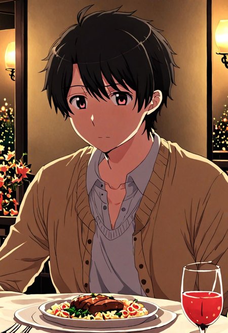 high resolution, solo, best quality, 1Boy, Inaho Kaizuka, Black Hair, dating, romantic, dinner, OverallDetail